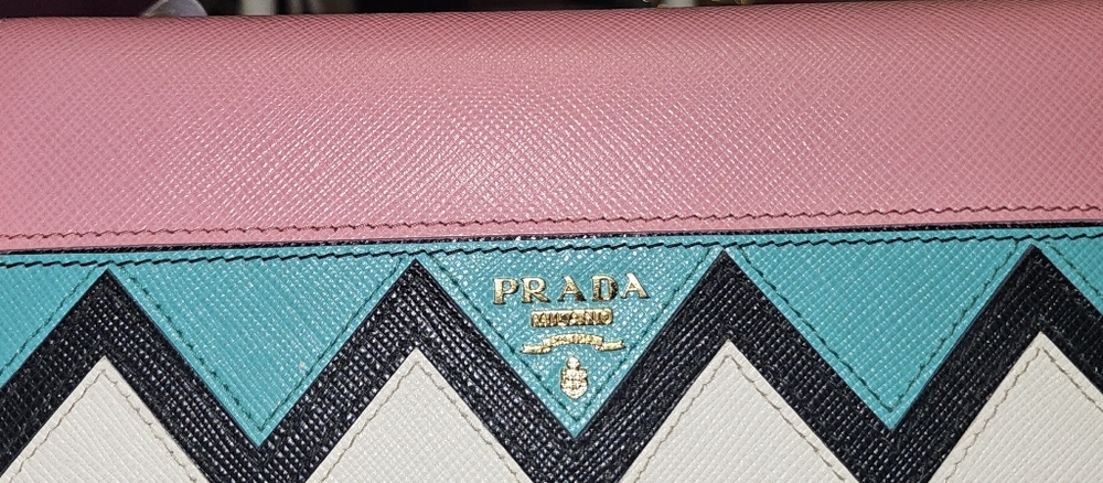 Prada Pink and Teal Chevron Wallet Saffiano Leather